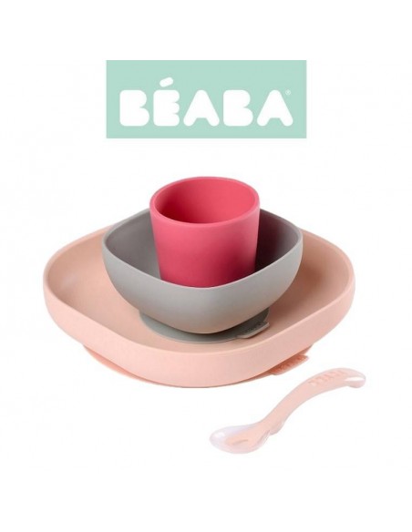 Beaba - Komplet naczyń z silikonu z przyssawką pink Naczynia i sztućce