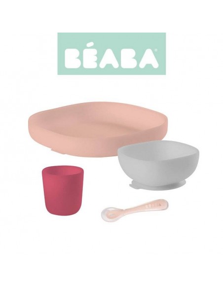 Beaba - Komplet naczyń z silikonu z przyssawką pink Naczynia i sztućce